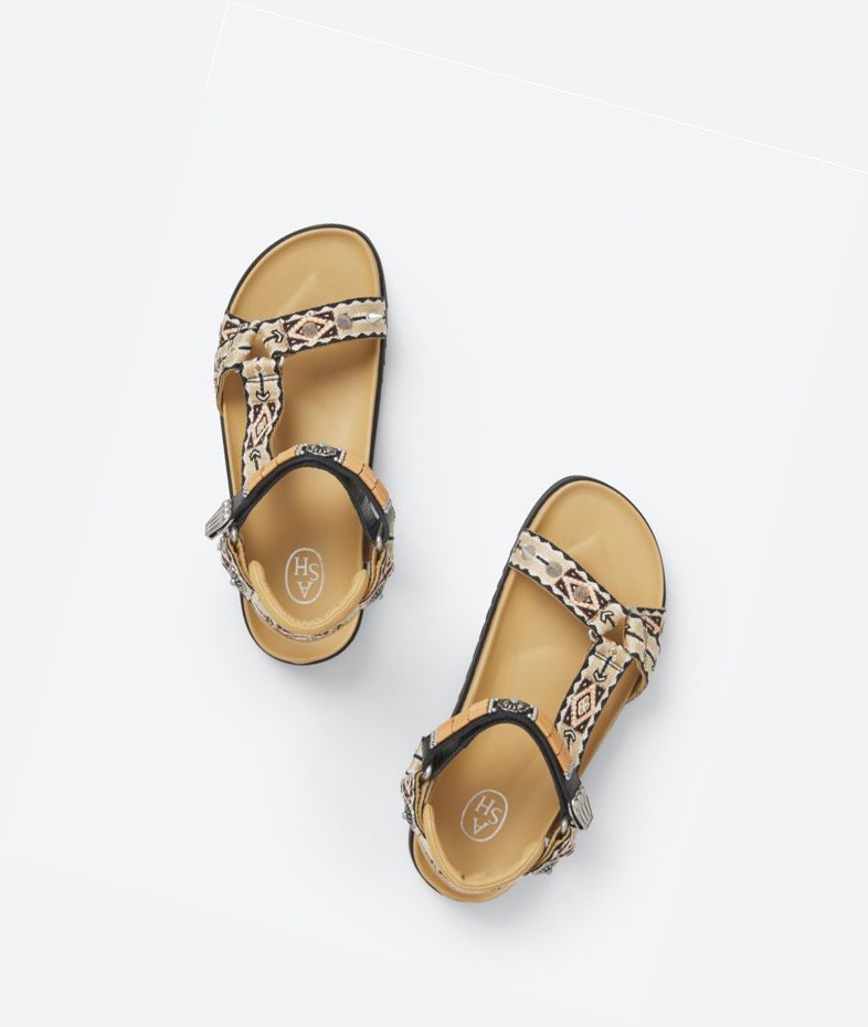 Caramel / Black Women's ASH Ugo Flat Sandals | 349JVTSWZ